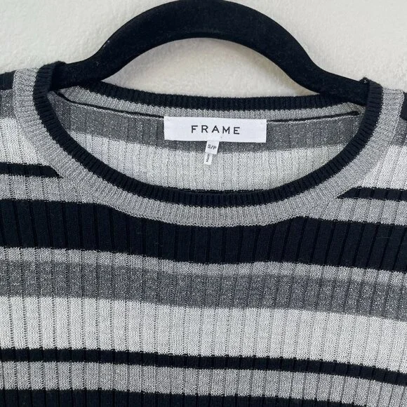 Frame Womens Small Metallic Striped Crewneck Ribbed Sweater Knit Top Stretch - Picture 8 of 10